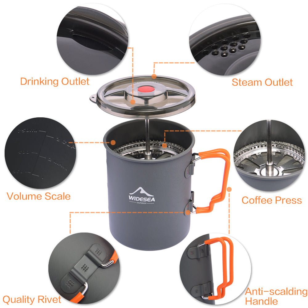 Widesea Camping Coffee Pot with French Press Outdoor Cup Mug Cookware for Hiking Trekking