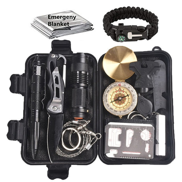 Emergency Survival Kit 80 in 1 Outdoor Survival Tool with Survival Bracelet Whistle Wood Cutter Water Bottle Clip Tactical Pen