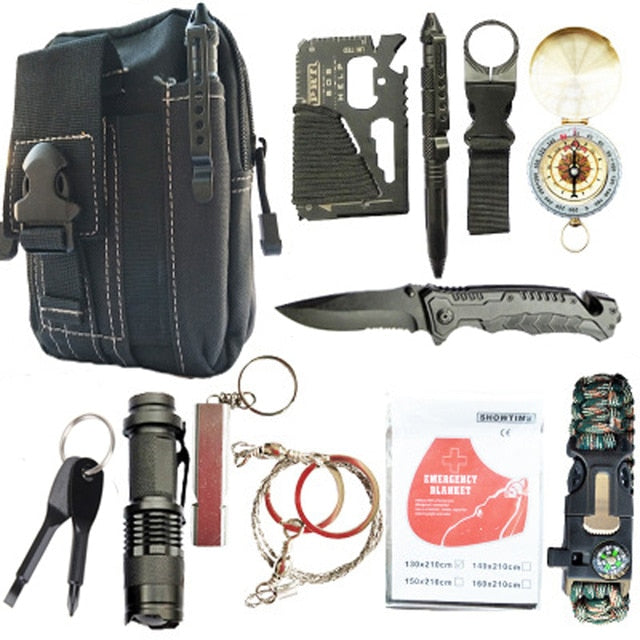 Emergency Survival Kit 80 in 1 Outdoor Survival Tool with Survival Bracelet Whistle Wood Cutter Water Bottle Clip Tactical Pen
