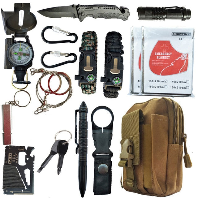 Emergency Survival Kit 80 in 1 Outdoor Survival Tool with Survival Bracelet Whistle Wood Cutter Water Bottle Clip Tactical Pen