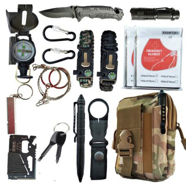 Emergency Survival Kit 80 in 1 Outdoor Survival Tool with Survival Bracelet Whistle Wood Cutter Water Bottle Clip Tactical Pen