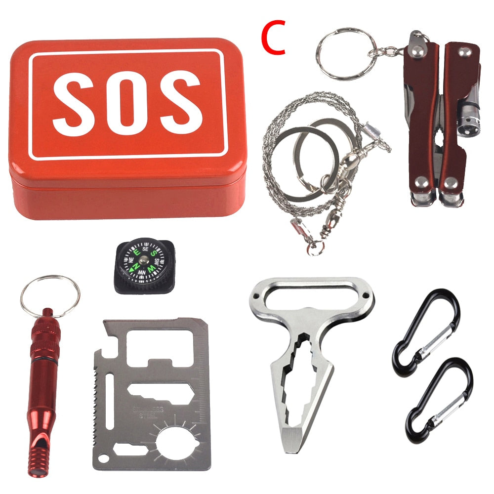 Outdoor Emergency survival kit Camping equipment box self-help box SOS for Camping Hiking saw whistle compass tools