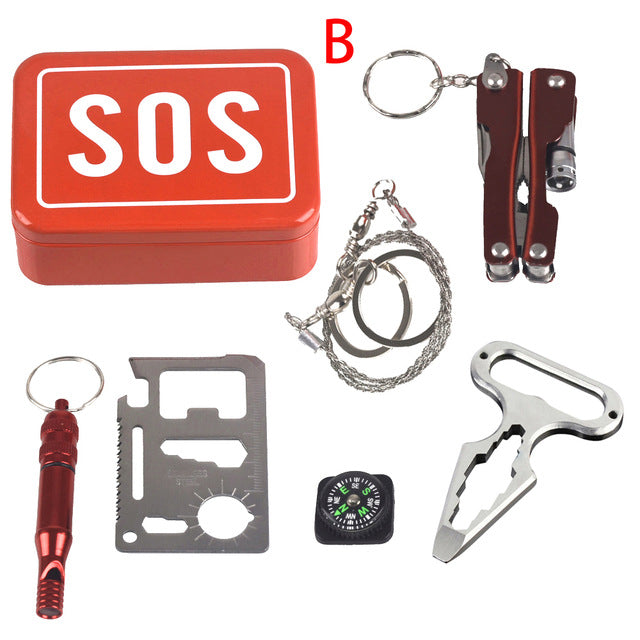 Outdoor Emergency survival kit Camping equipment box self-help box SOS for Camping Hiking saw whistle compass tools