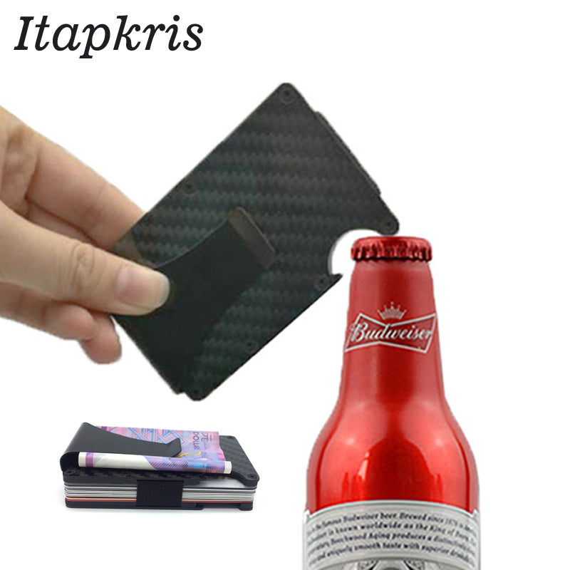 New Fashion Men Carbon Fiber Bank Credit Card Holder Portable Cash Bus Case Rfid Wallet COOL Bottle Opener Porte Badge