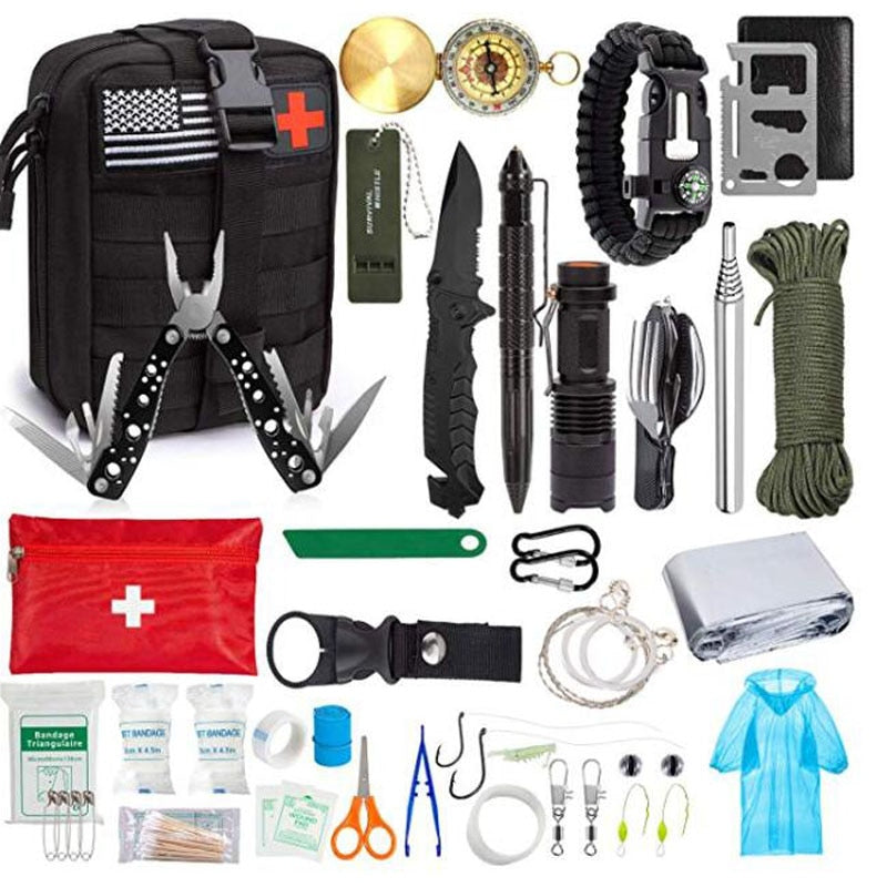 Emergency survival kit survival first aid kit SOS tactical tool flashlight with Molle bag suitable for camping adventure