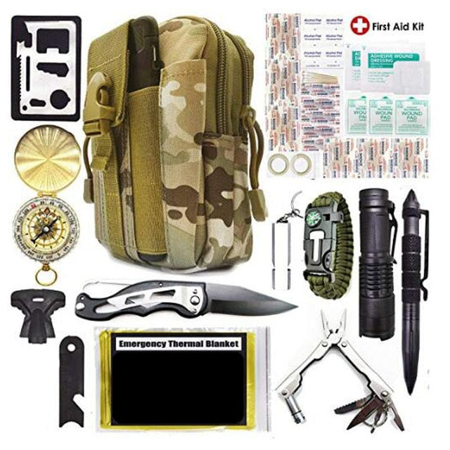 Emergency survival kit survival first aid kit SOS tactical tool flashlight with Molle bag suitable for camping adventure