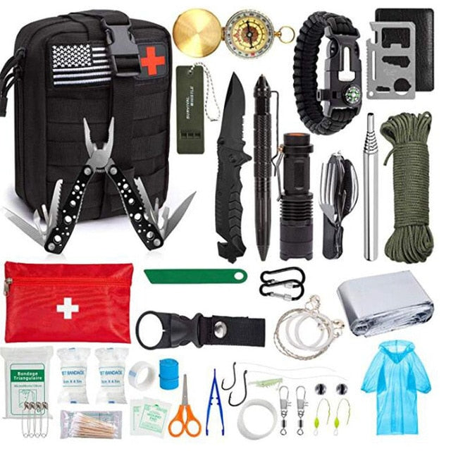 Emergency survival kit survival first aid kit SOS tactical tool flashlight with Molle bag suitable for camping adventure