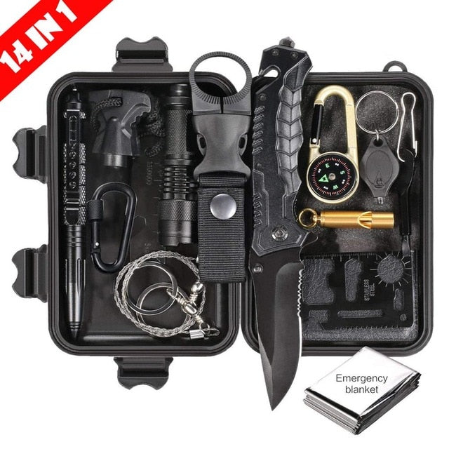 Emergency survival kit survival first aid kit SOS tactical tool flashlight with Molle bag suitable for camping adventure