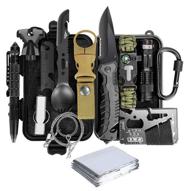 Emergency survival kit survival first aid kit SOS tactical tool flashlight with Molle bag suitable for camping adventure