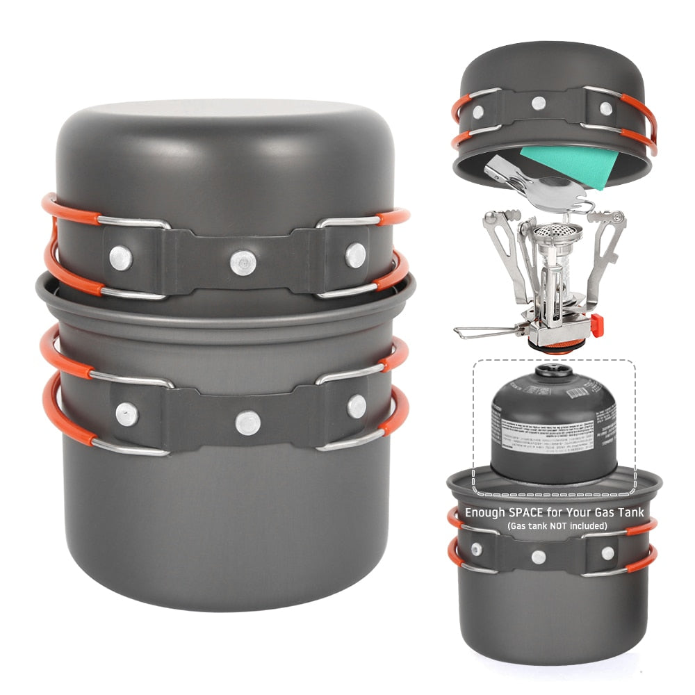 Outdoor Camping Cookware Set Marching Utensils Tableware Cooking Stove Kit Travel Pan Hiking Picnic Camping Tools for 1-2 Person