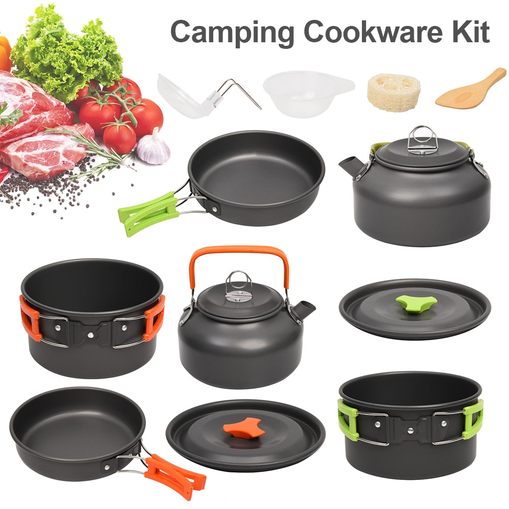 Outdoor Camping Cookware Set Marching Ultralight Tableware Cooking Stove Kit Travel Pan Hiking Picnic Camping Tools 1-2 Person