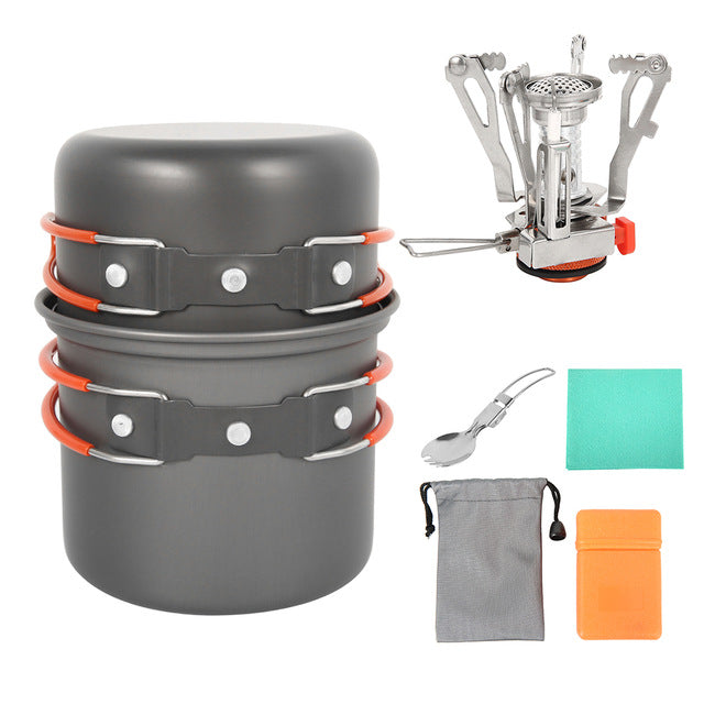 Outdoor Camping Cookware Set Marching Utensils Tableware Cooking Stove Kit Travel Pan Hiking Picnic Camping Tools for 1-2 Person