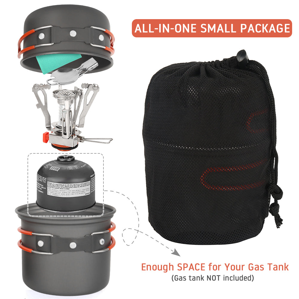 Outdoor Camping Cookware Set Marching Utensils Tableware Cooking Stove Kit Travel Pan Hiking Picnic Camping Tools for 1-2 Person
