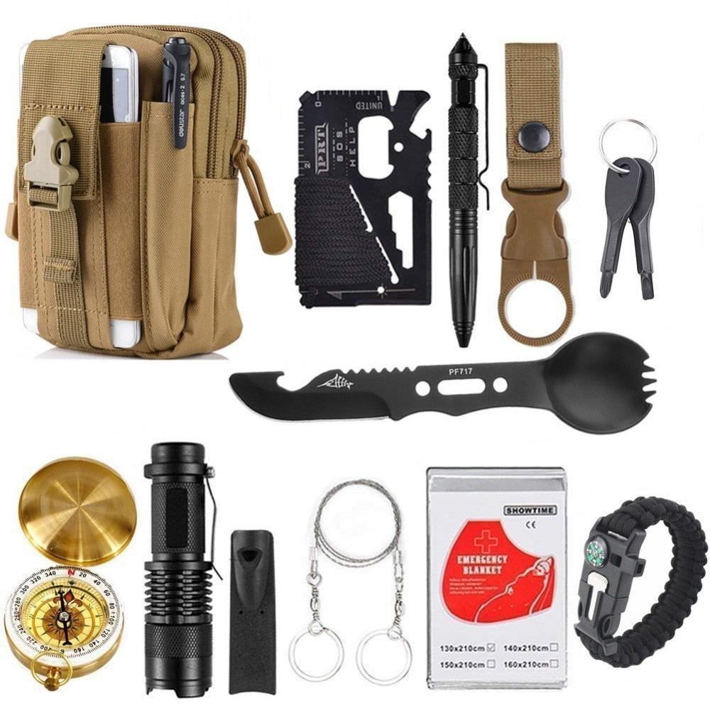 12 in 1 Outdoor Survival Products Camping EDC Survival Gear Kit Tool Travel Garget With Wristband Paracord Pen Card Spoon Fork