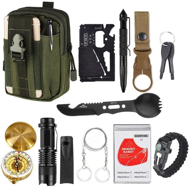 12 in 1 Outdoor Survival Products Camping EDC Survival Gear Kit Tool Travel Garget With Wristband Paracord Pen Card Spoon Fork