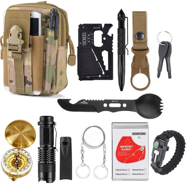 12 in 1 Outdoor Survival Products Camping EDC Survival Gear Kit Tool Travel Garget With Wristband Paracord Pen Card Spoon Fork