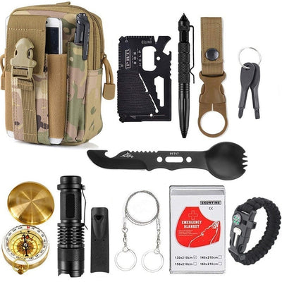 12 in 1 Outdoor Survival Products Camping EDC Survival Gear Kit Tool Travel Garget With Wristband Paracord Pen Card Spoon Fork